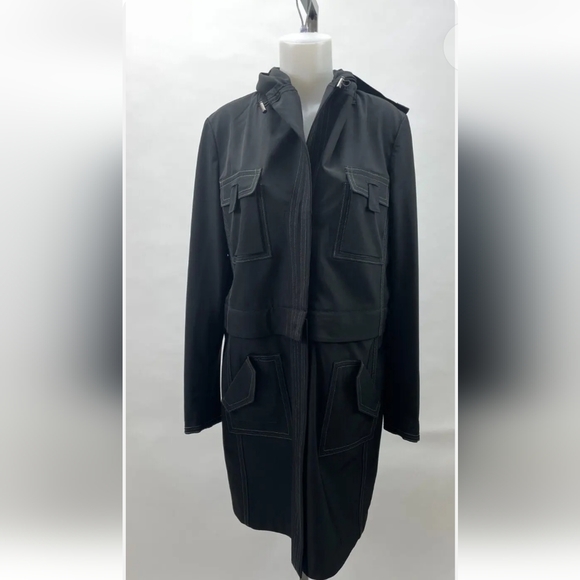 ELIE TAHARI Convertible Adriano Nylon TRENCH COAT ZIPS OFF 2 JACKET W/HOOD SZ L - Picture 1 of 5